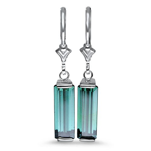 Blue Tourmaline Emerald Cut Dangle Earrings 14KW