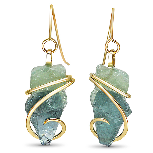 maine blue to green tourmaline wrap earrings in 14ky